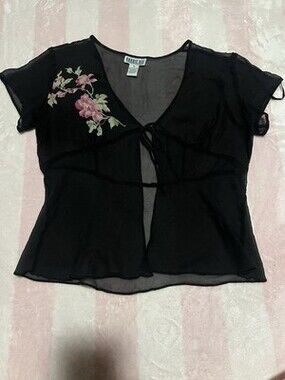 Robbie Bee Silk Sheer Floral Tie Front Blouse Mesh Y2K Fairycore Top Sz 14